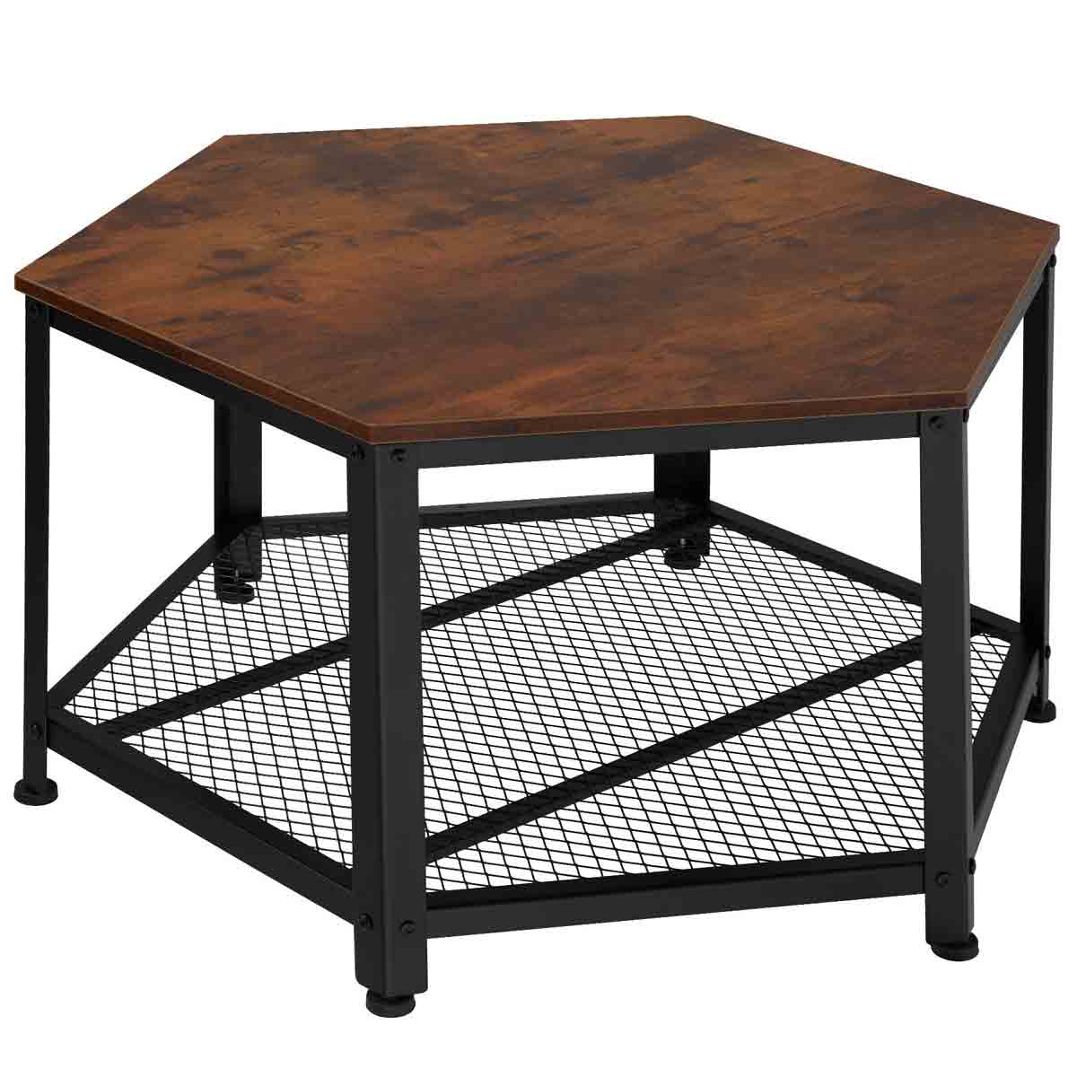 Hexagonal coffee table featuring a rich brown wooden top and a sturdy black metal frame with a mesh lower shelf for storage.