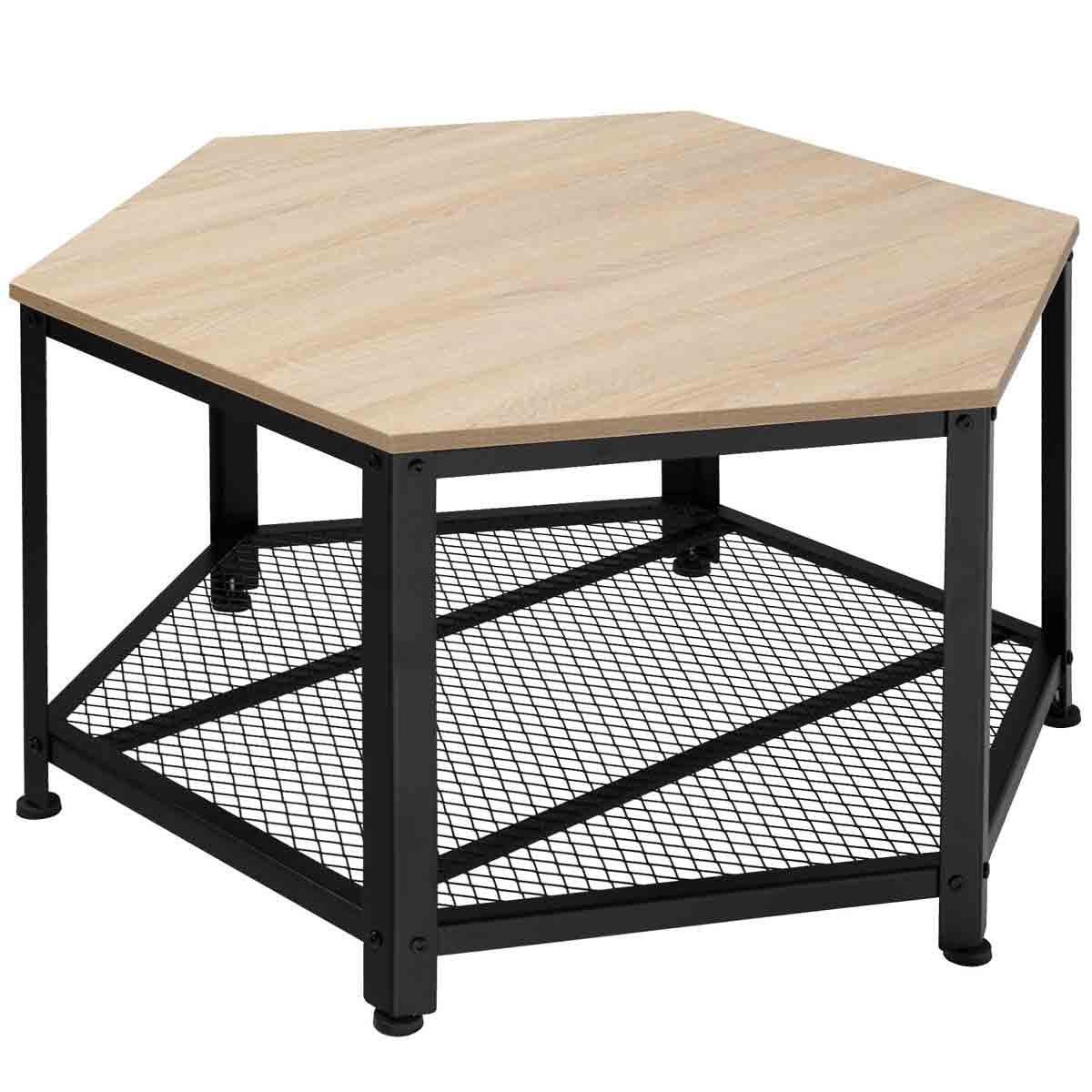 Hexagonal coffee table featuring a light brown wooden top and a black metal frame with a mesh bottom shelf for storage.