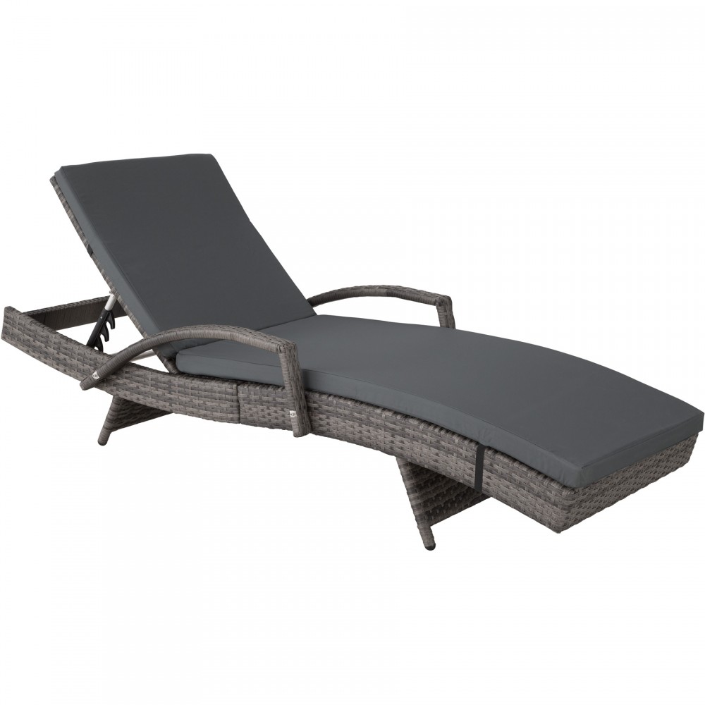 Grey rattan sun lounger with a curved design, featuring a thick grey cushion and adjustable backrest for comfort and relaxation.