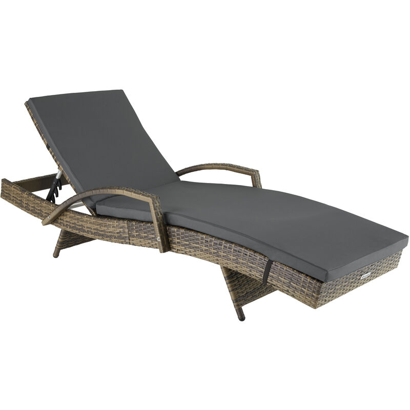 Brown rattan sun lounger with a cream cushion, featuring a reclining backrest and armrests, designed for outdoor relaxation.