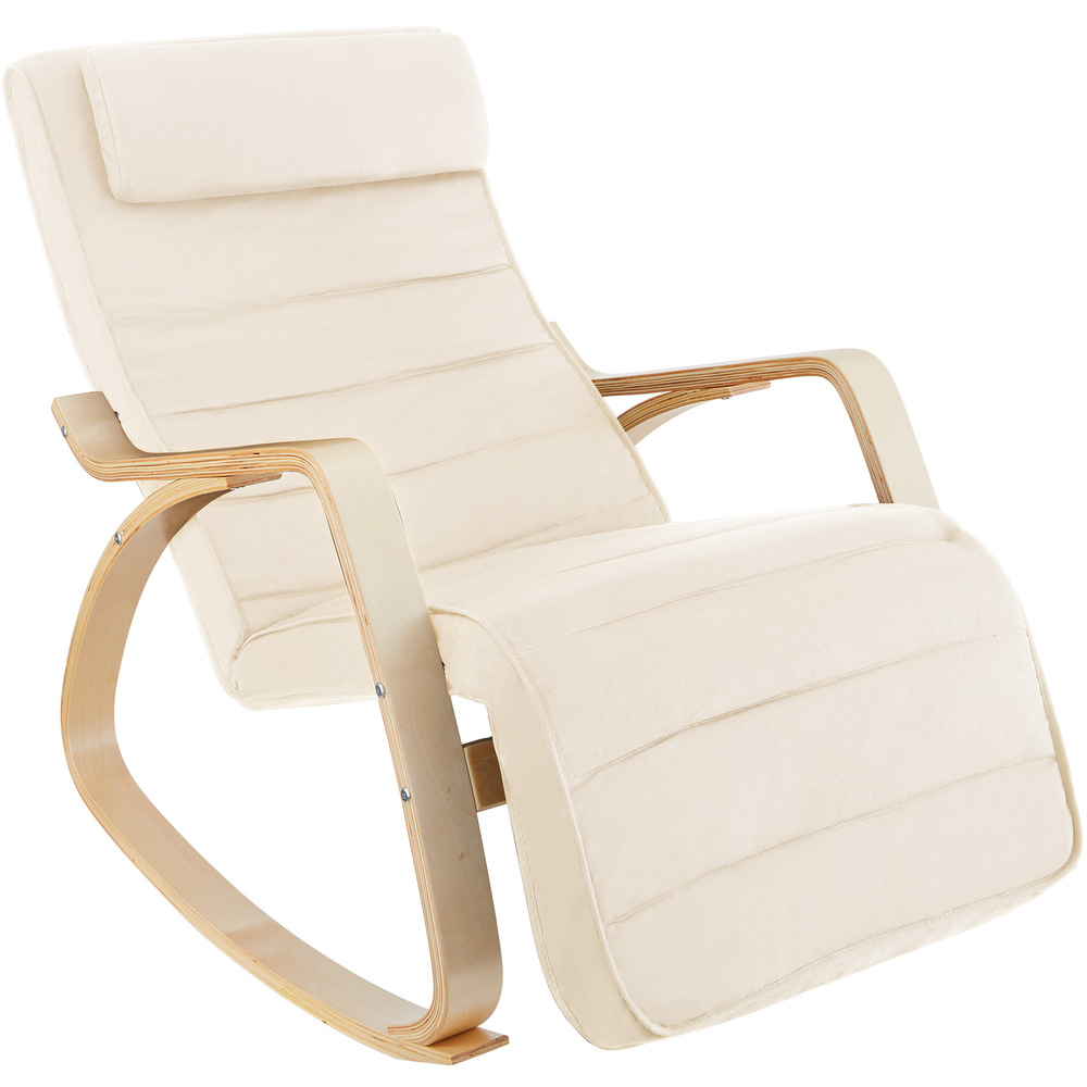 Cream-colored rocking chair with a soft fabric seat, wooden curved base, and a padded headrest, featuring a sleek, modern design.