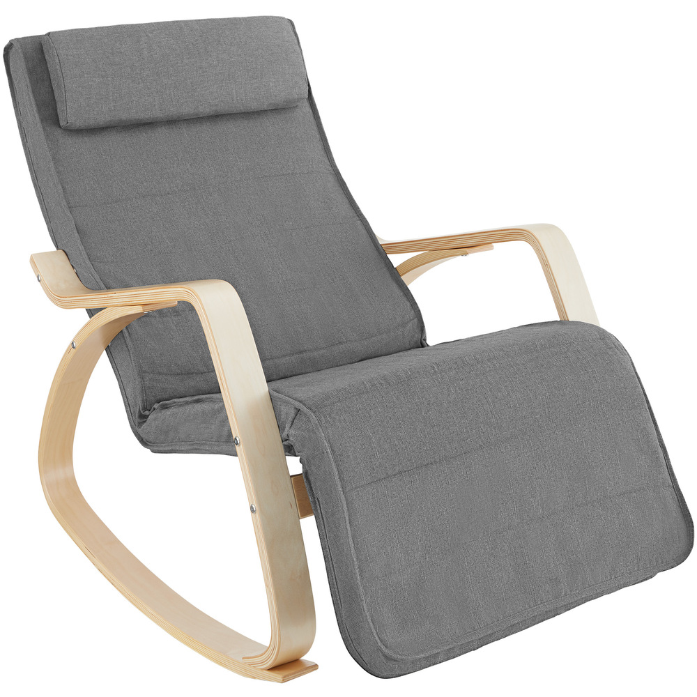 Light grey rocking chair with a padded seat and backrest, featuring a wooden frame and curved rockers, designed for comfort and relaxation.
