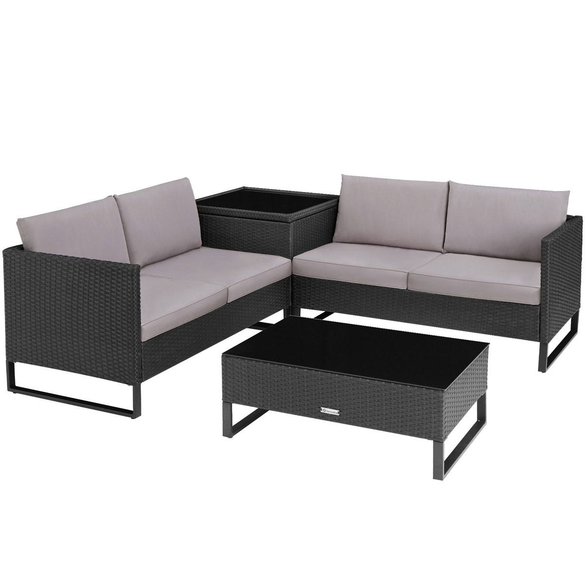 Black rattan garden furniture set featuring a sectional sofa with light gray cushions and a matching coffee table with a glossy black top.