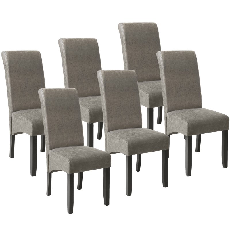 Set of six elegant dining chairs featuring an ergonomic seat shape, upholstered in grey fabric with dark wooden legs, ideal for stylish dining spaces.