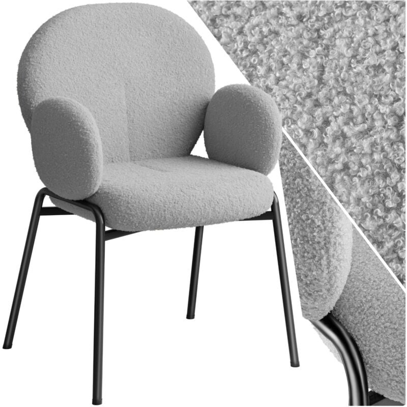 Scandi-style dining chair with a high backrest, padded boucle cover in grey, and rounded armrests, featuring a sleek black metal frame.