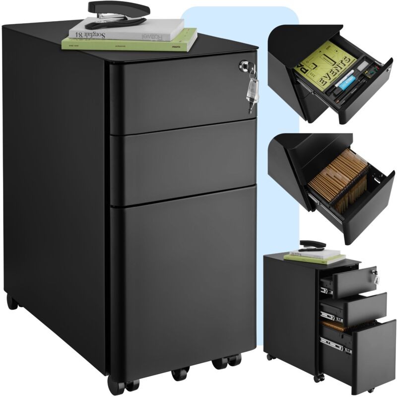 Black Tectake Filing Cabinet Parvus with two drawers, one suspension file, lockable feature, and wheels for mobility, showcasing organized files and books on top.