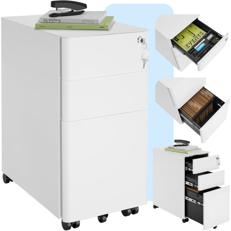 White Tectake Filing Cabinet Parvus with two drawers, a lockable design, and one suspension file, featuring a sleek finish and rolling wheels for easy mobility.