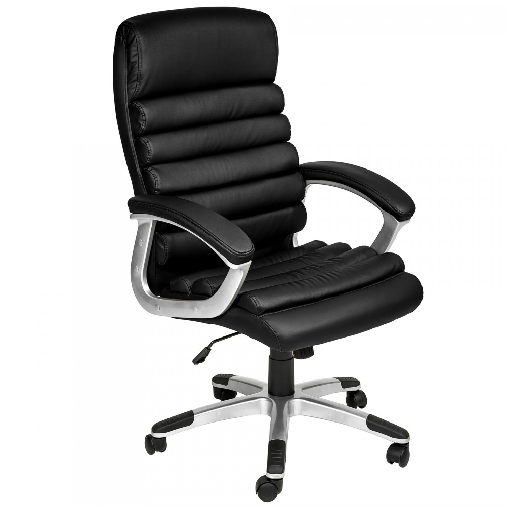 Black synthetic leather office chair with padded backrest, adjustable height, and silver armrests on a five-star base with rolling wheels.