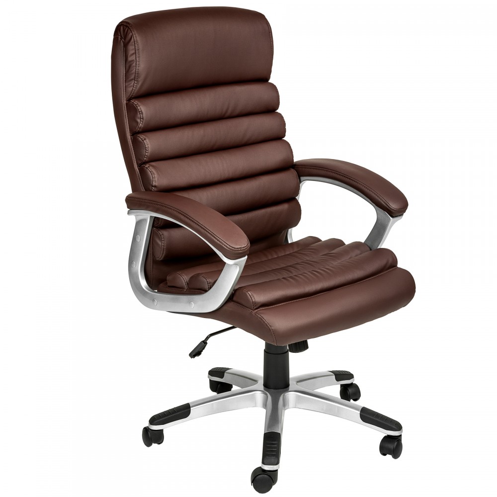 Brown synthetic leather office chair with a ribbed backrest, padded seat, and silver armrests, featuring a five-star base with rolling wheels for mobility.
