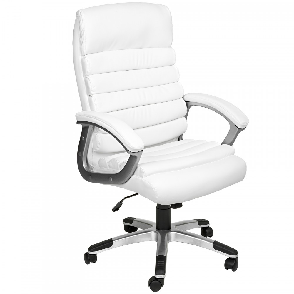 White Tectake Paul Office Chair featuring a padded backrest with horizontal stitching, adjustable height, and a five-point base with rolling wheels.