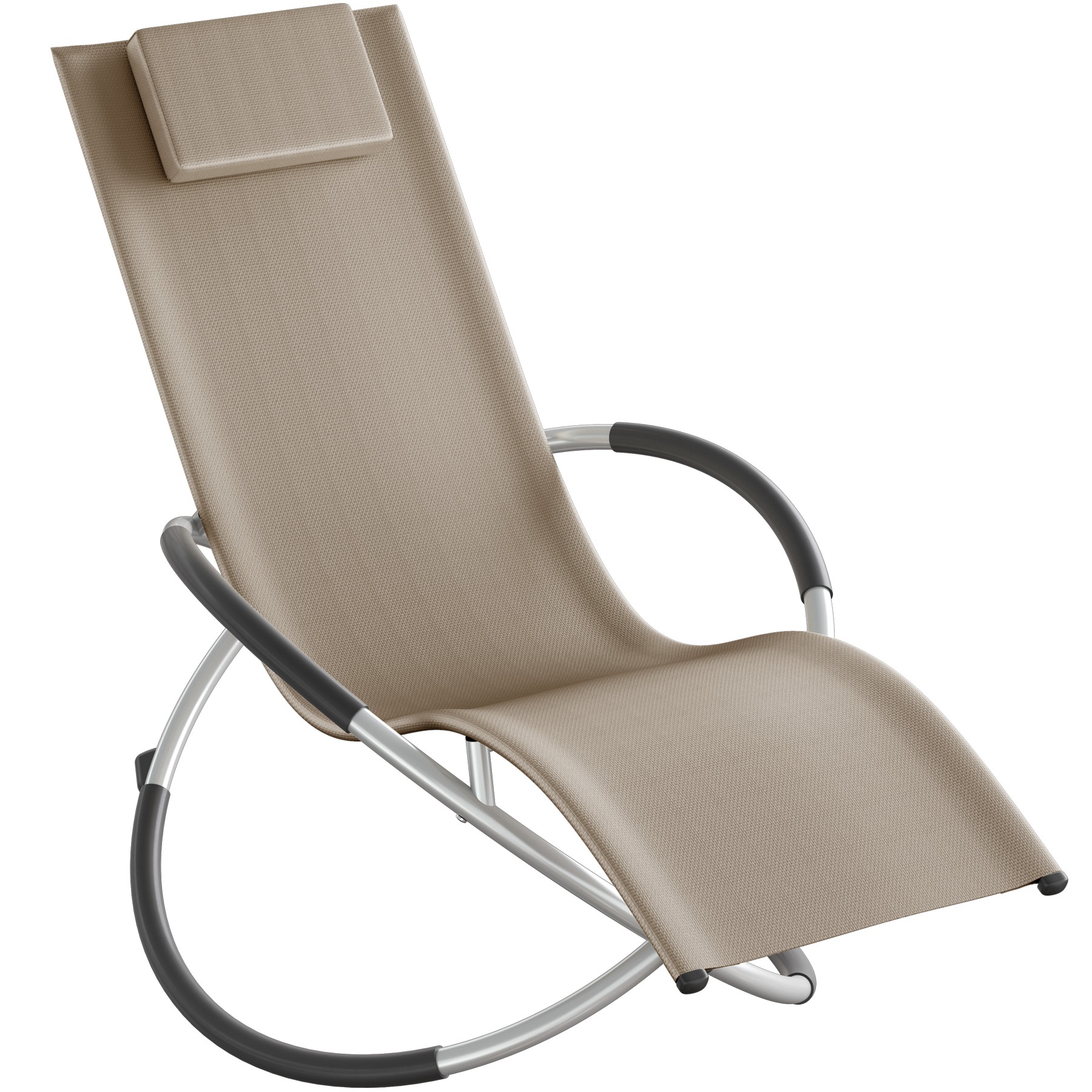 Cream ergonomic sun lounger with a breathable fabric, foldable design, and a headrest, featuring a sturdy silver metal frame and black armrests.