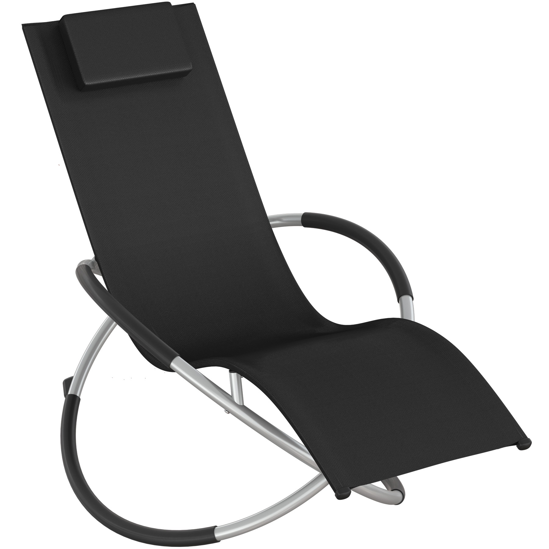 Ergonomic black sun lounger with a breathable fabric seat, resistant materials, a cushioned headrest, and a foldable design featuring a sleek silver frame.