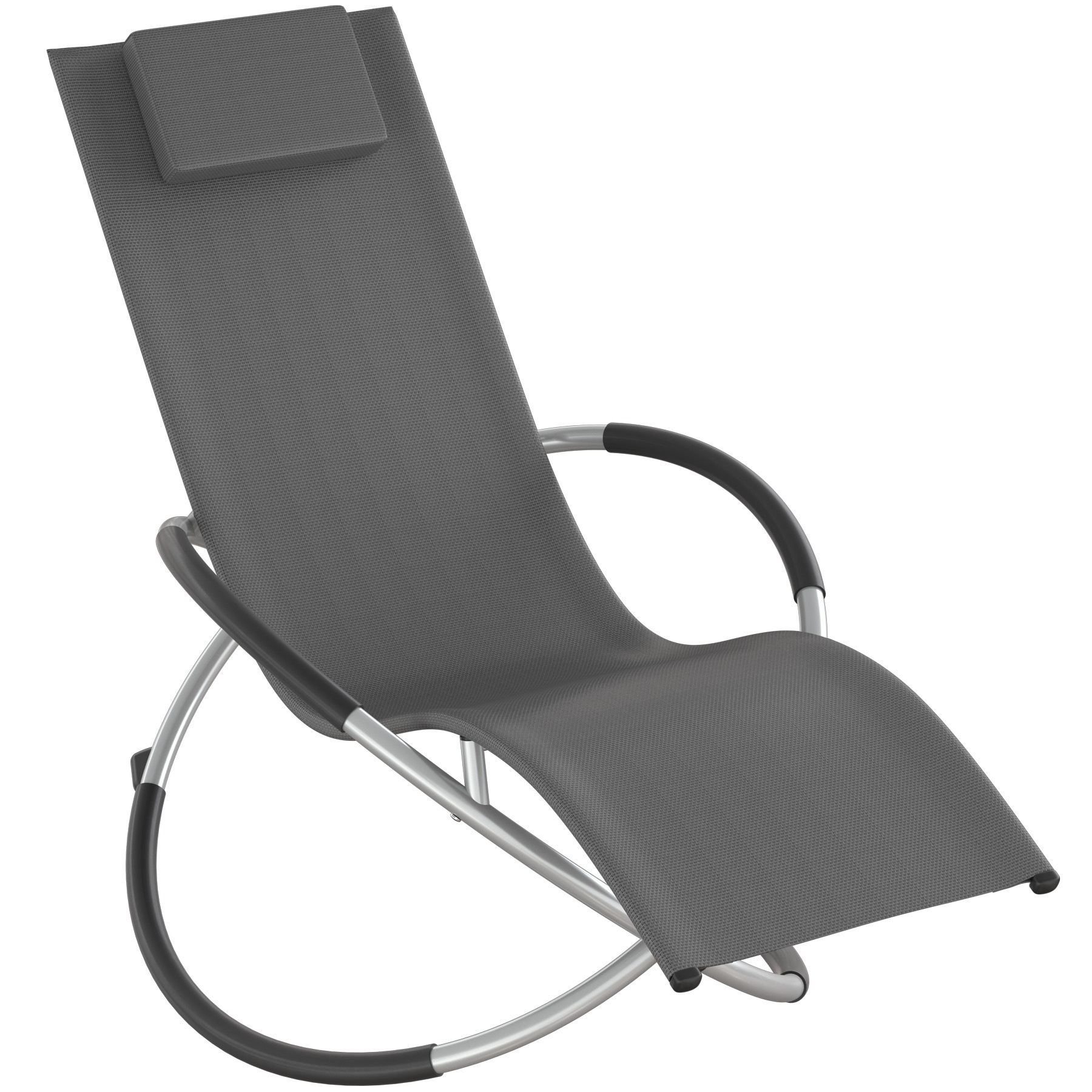 Ergonomic grey sun lounger with a breathable fabric, foldable design, and a cushioned headrest, featuring a sturdy metal frame with curved armrests.