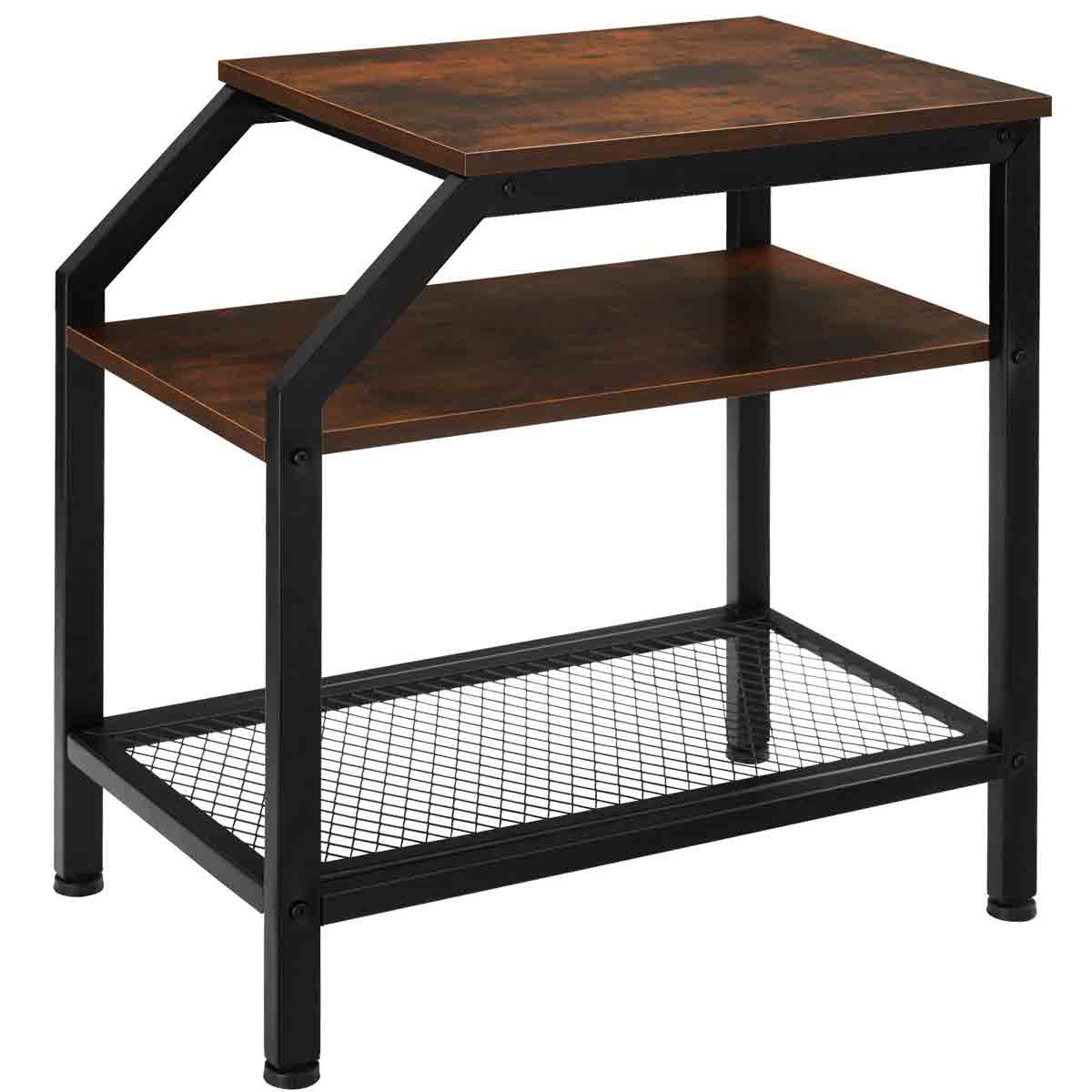 Brown wooden bedside table with a square top, metal frame, two shelves, and a mesh bottom, featuring an industrial design with a rustic finish.