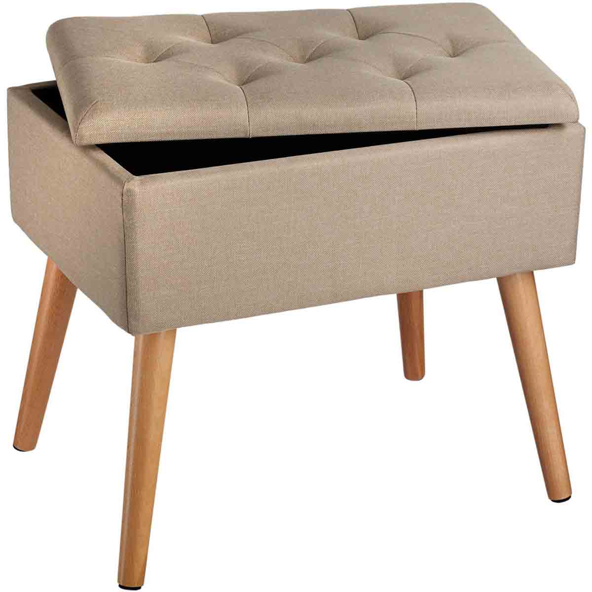 Upholstered sand brown bench with a tufted lid, featuring a hidden storage compartment and wooden legs, accented with a yellow interior.