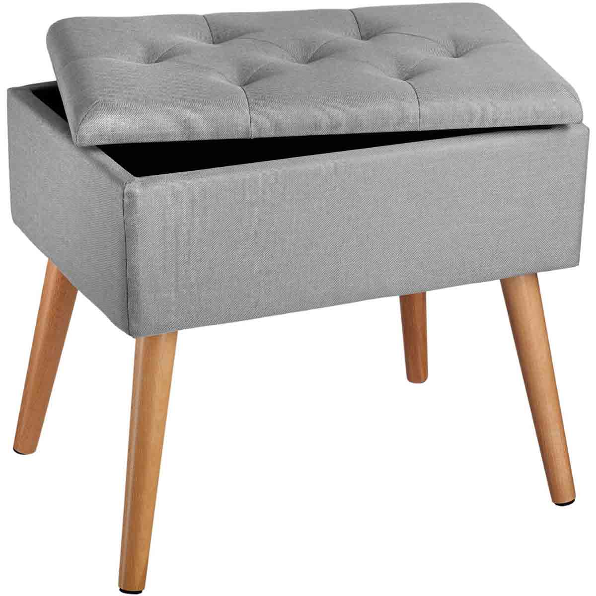Upholstered light grey bench with a tufted top, featuring a storage compartment beneath, supported by wooden legs.