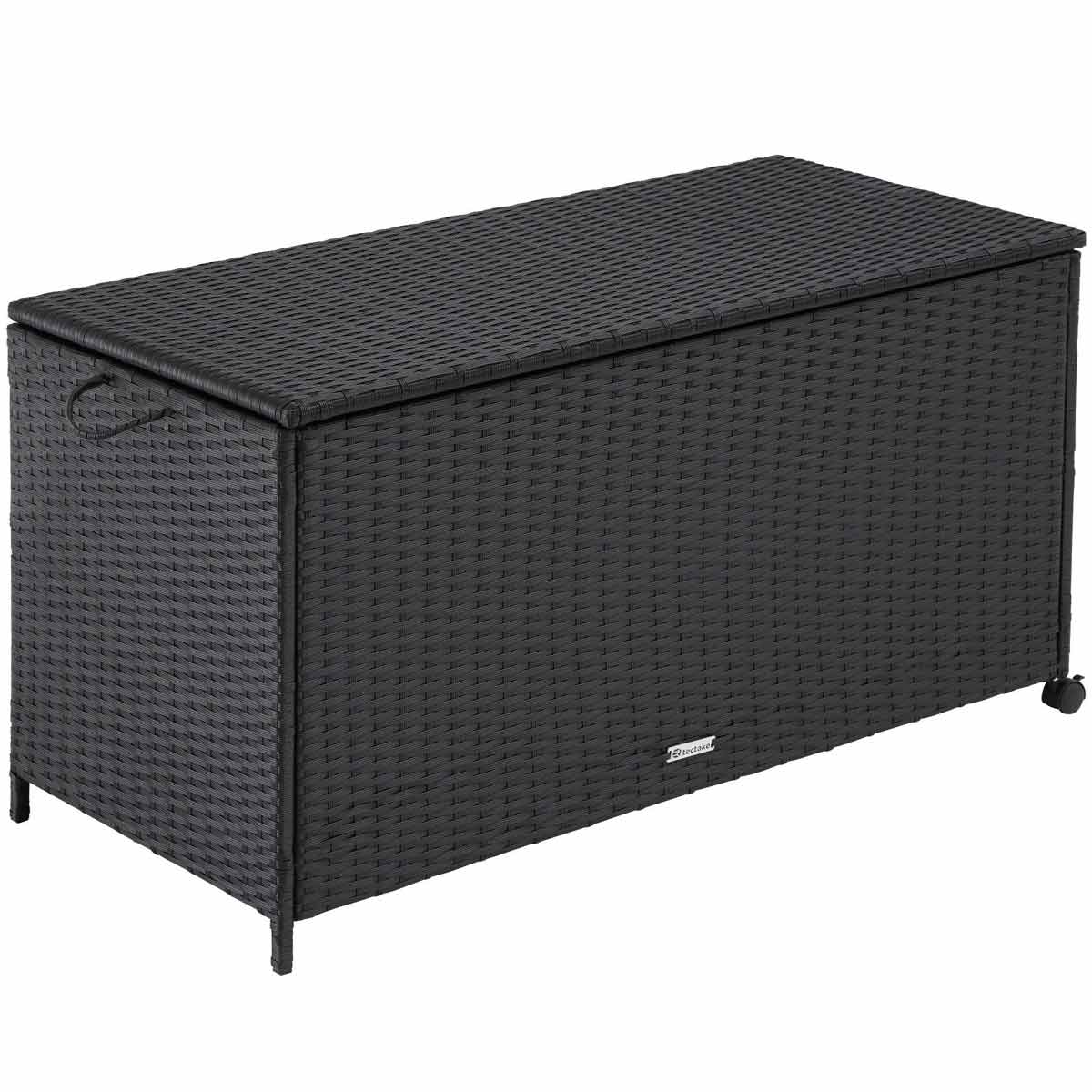Black storage box with wheels, made of woven material, featuring a rectangular shape, handles on the sides, and a spacious interior of 297 liters, measuring 117x54x64 cm.