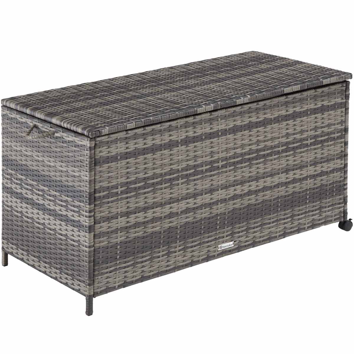 Grey storage box with wheels, made of woven material, measuring 117x54x64cm, featuring a hinged lid and a spacious 297L capacity, ideal for outdoor or indoor use.