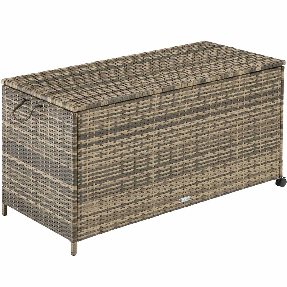 Brown storage box with wheels, made from woven material, measuring 117x54x64cm, featuring a hinged lid and handles for easy transport.