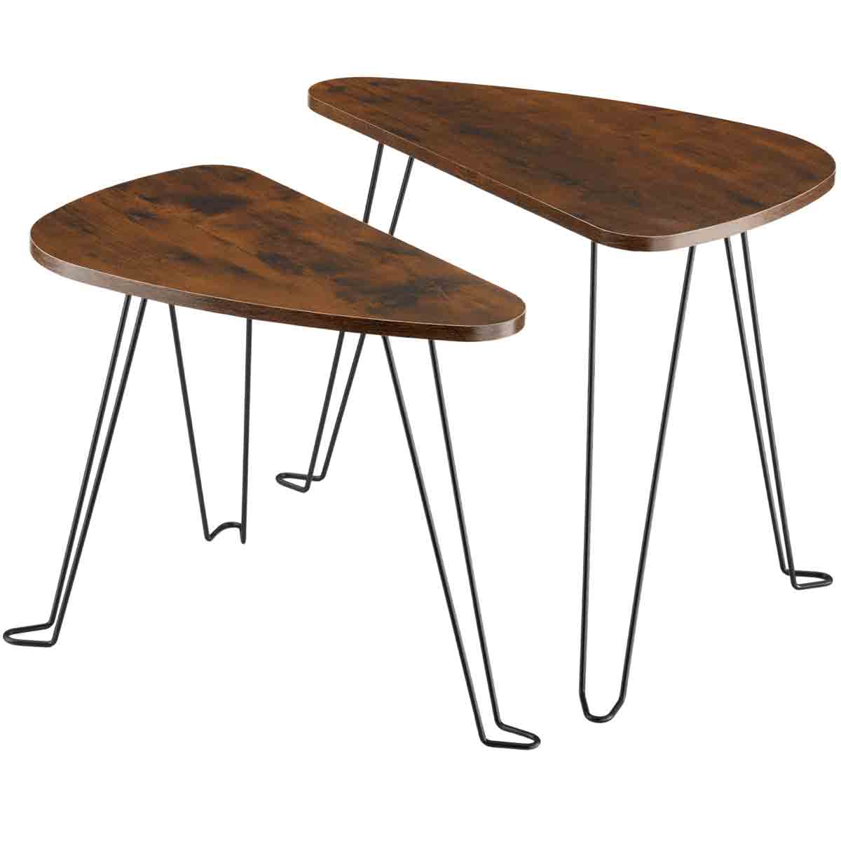 Set of 2 nesting tables featuring a brown wooden top with a unique triangular shape and slender black metal legs for a modern design.