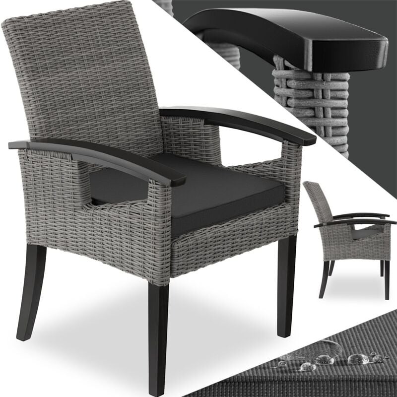 Grey woven garden chair with a wooden frame, featuring weather and UV resistance, and sleek black armrests for added comfort.