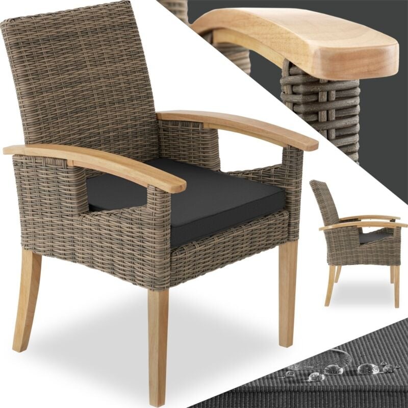 Brown garden chair with a wooden frame, weather and UV-resistant wicker design, featuring a cushioned seat and curved armrests for comfort.