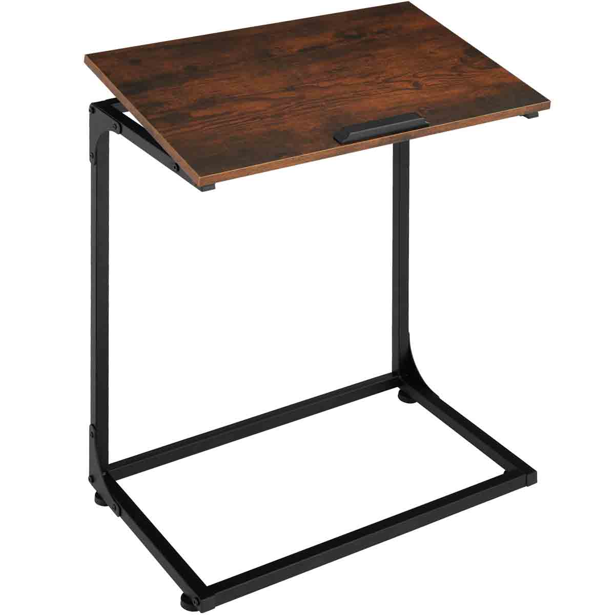Brown side table with an adjustable drafting table top, featuring a wooden surface and a sturdy black metal frame, measuring 55x35x66.5cm.
