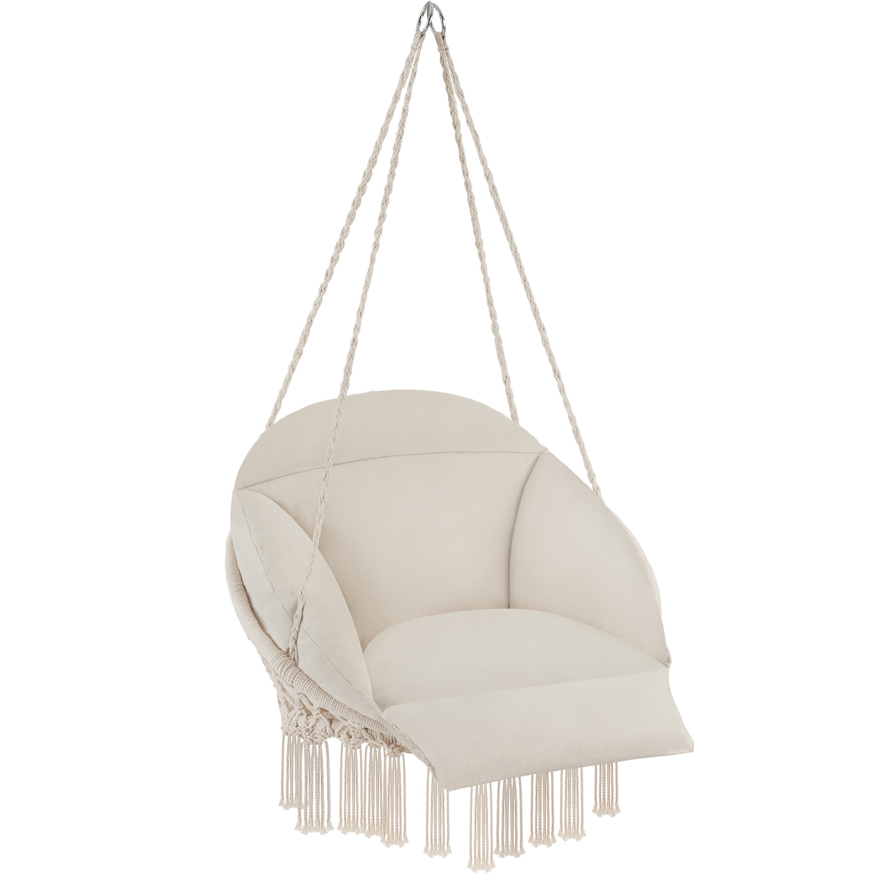 Cream-colored hanging chair with a thick seat cushion, featuring stable retaining ropes and decorative fringes, ideal for indoor or outdoor relaxation.