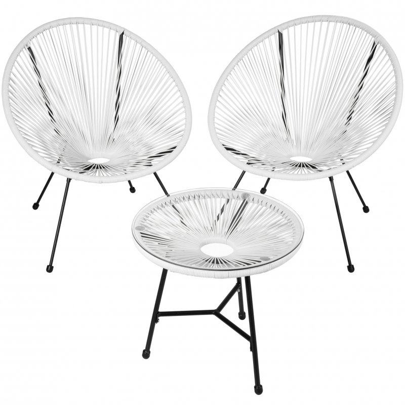 Set of two white Santana chairs with a matching round table, featuring a woven design and black metal legs, ideal for outdoor or indoor use.