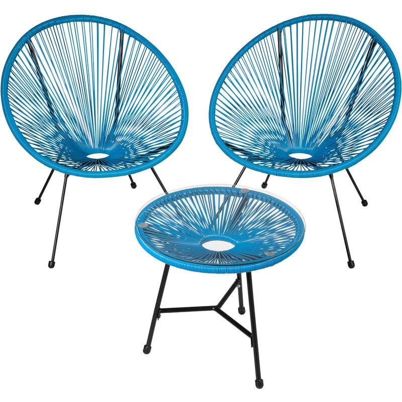 Set of two blue Acapulco-style chairs with a matching round table, featuring a woven design and black metal legs, ideal for outdoor or indoor use.