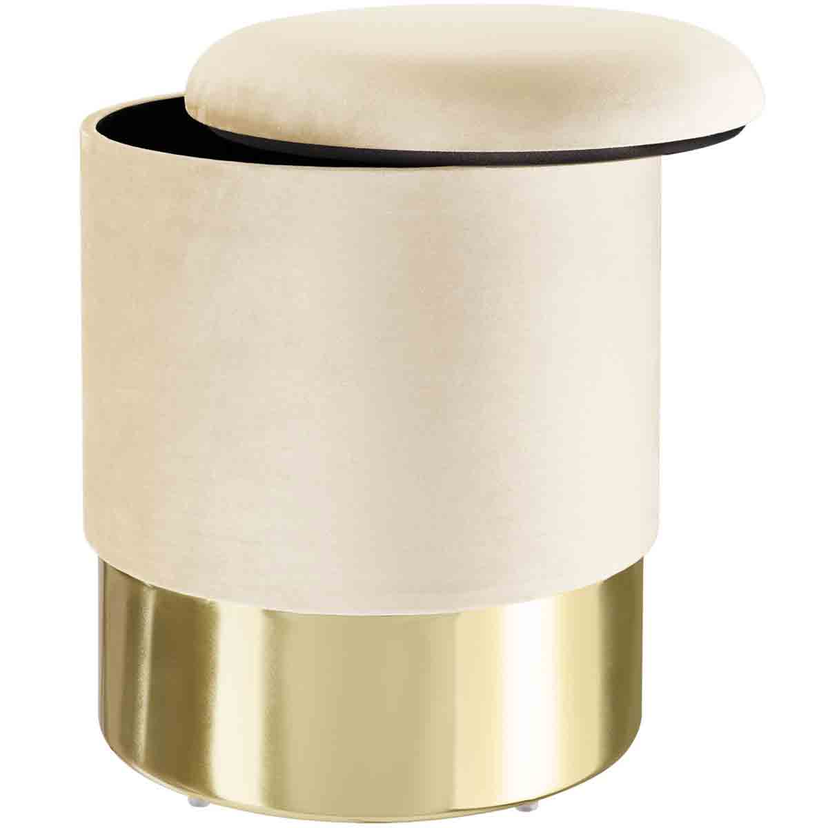 Cream velvet-look upholstered stool with a round, removable lid and gold metallic base, offering hidden storage space inside.