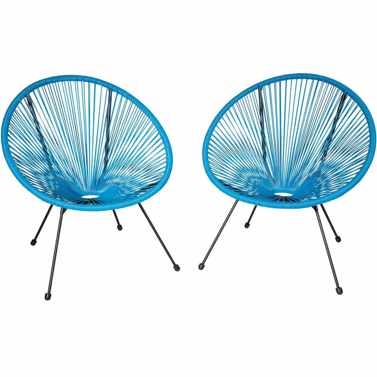 Set of two retro-style garden chairs in vibrant blue, featuring a circular woven design with a sturdy black metal frame and tapered legs.