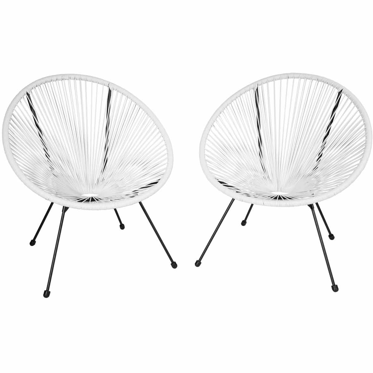 Set of two retro-style garden chairs featuring a white woven seat design and black metal legs, offering a stylish and comfortable seating option for outdoor spaces.