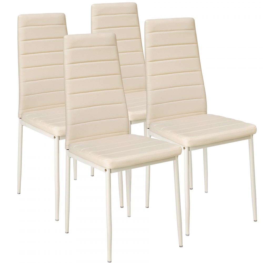 Set of four cream synthetic leather dining chairs featuring a sleek design with vertical stitching and white metal legs.
