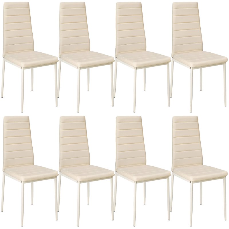 Eight cream-colored dining chairs made of synthetic leather, featuring a sleek design with vertical stitching and slender white legs.