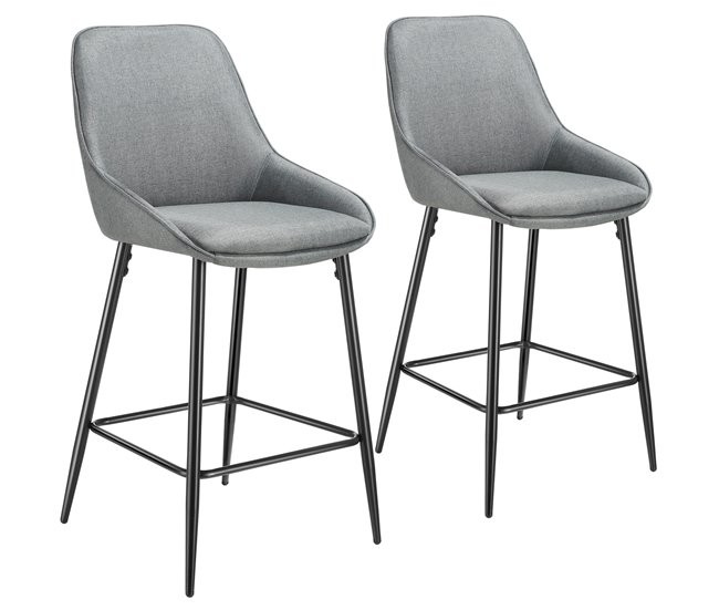 Two grey bar stools with backrests, padded seats, and soft woven fabric, featuring black metal legs and a square footrest, designed for comfort and style.