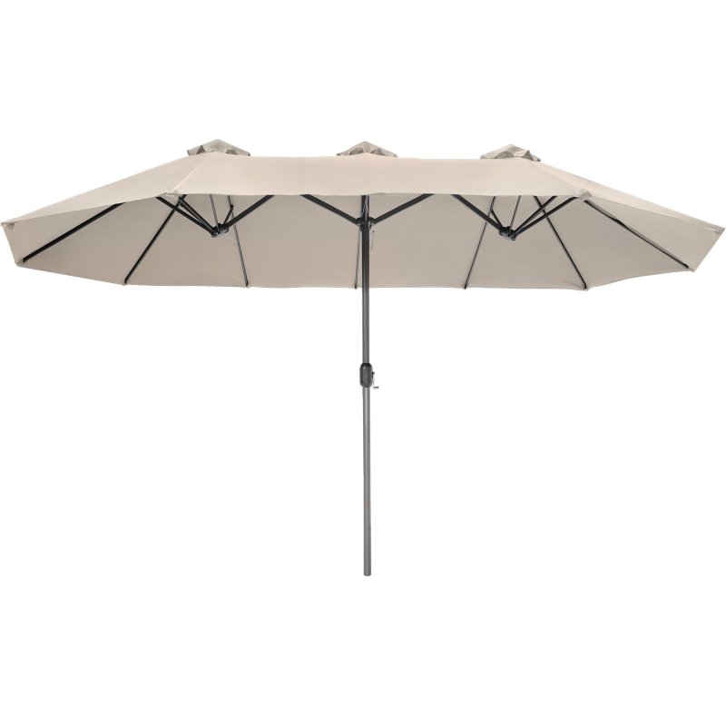 Extra wide cream parasol measuring 460x270cm, featuring a height-adjustable metal pole and a sturdy frame with multiple ribs for enhanced stability.