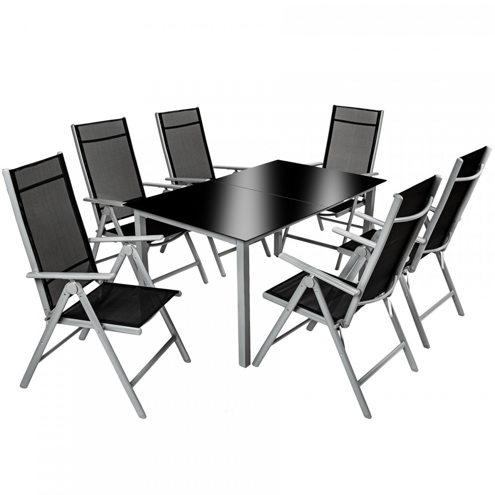 Silver garden table and six folding chairs, featuring a sleek black tabletop and breathable black mesh seating, perfect for outdoor dining and relaxation.