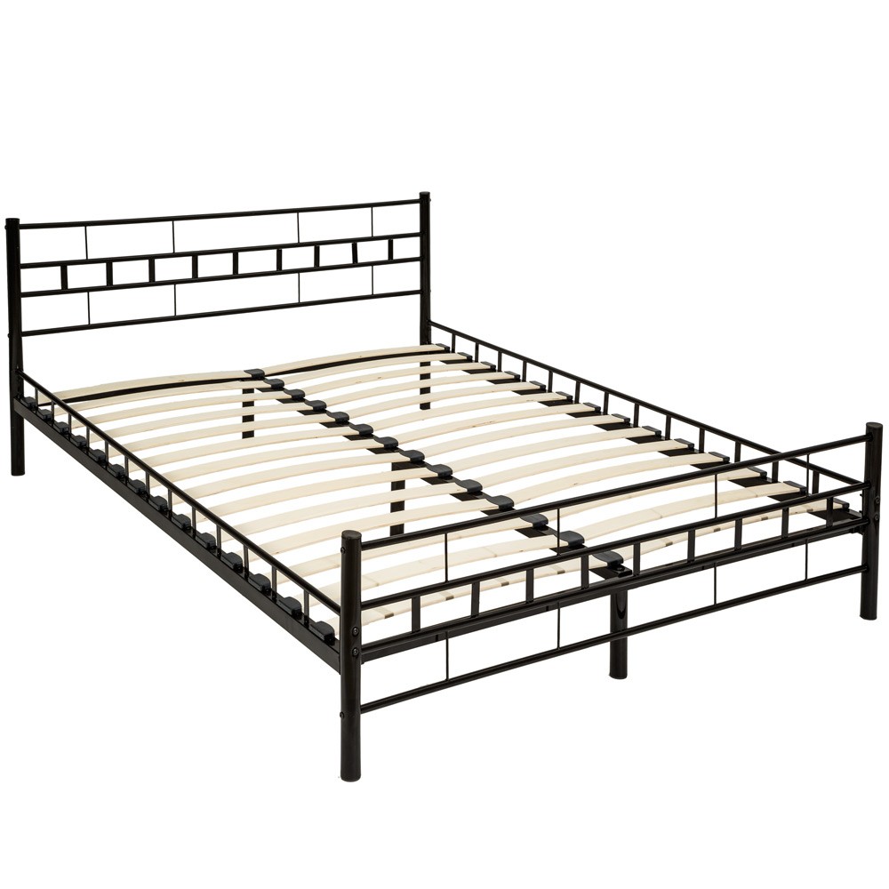 Black metal bed frame with a slatted base, measuring 200x140cm, featuring a geometric headboard design and wooden slats for support.