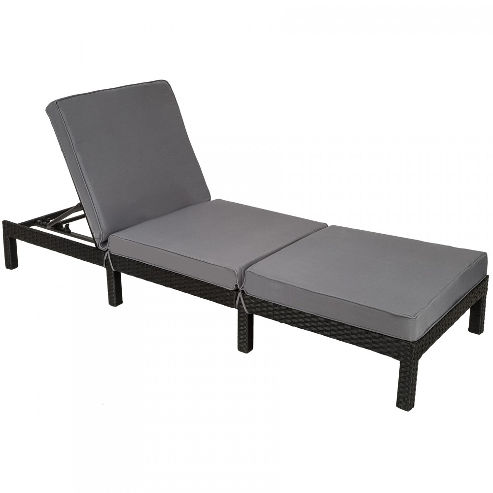 Black rattan sun lounger with a reclining backrest and grey cushions, designed for outdoor relaxation and comfort.