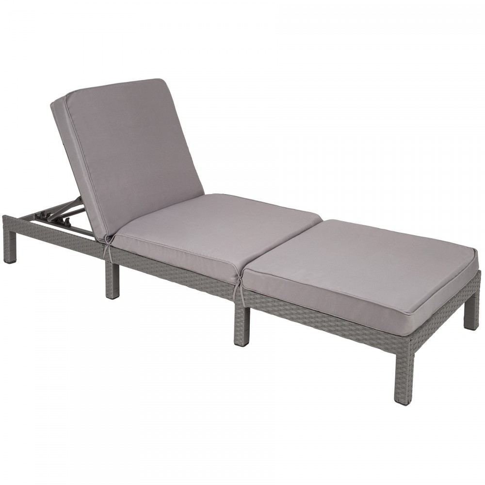 Light grey rattan sun lounger with adjustable backrest and plush cushioning, featuring a sturdy frame and sleek design, ideal for outdoor relaxation.