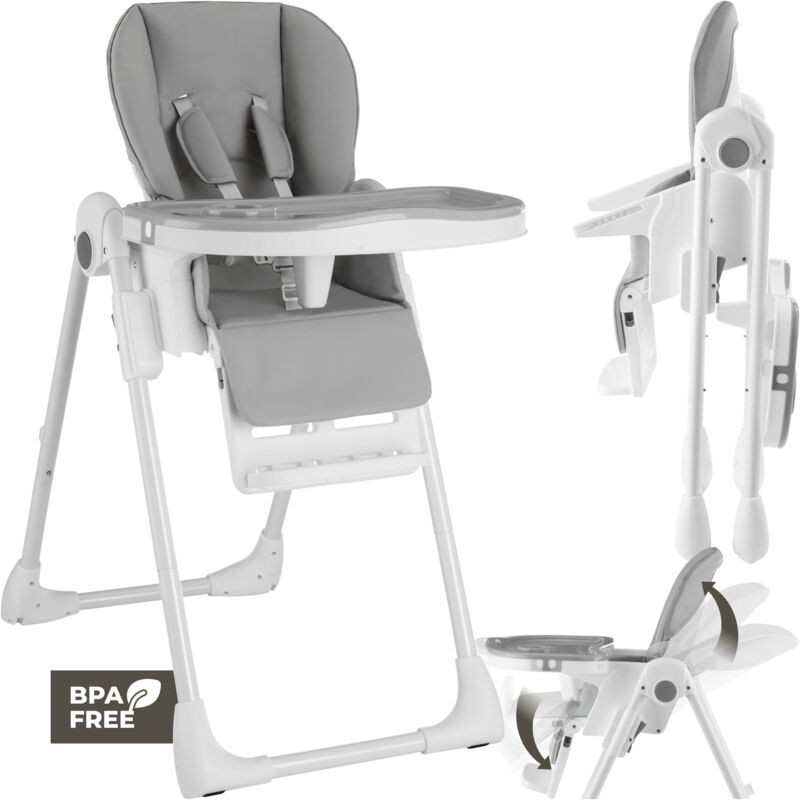 Foldable high chair in white with a grey padded seat, 5-point harness, adjustable height, and a removable tray, labeled BPA-free for safety.