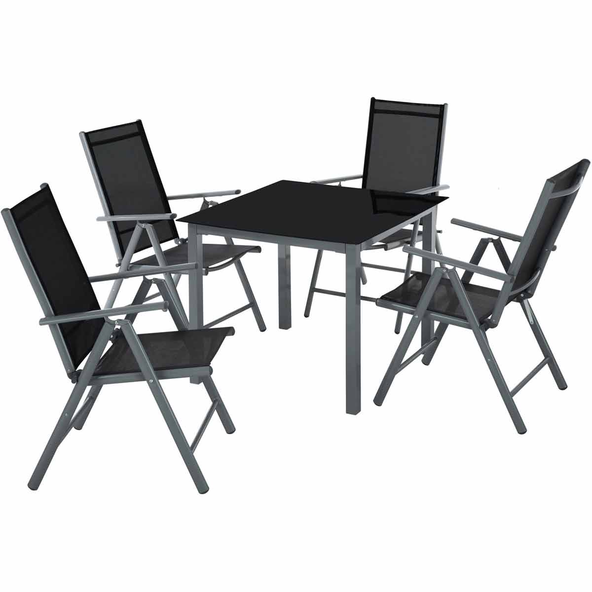 Grey garden furniture set featuring a square table with a glass top and four foldable chairs with black fabric seats and grey metal frames.