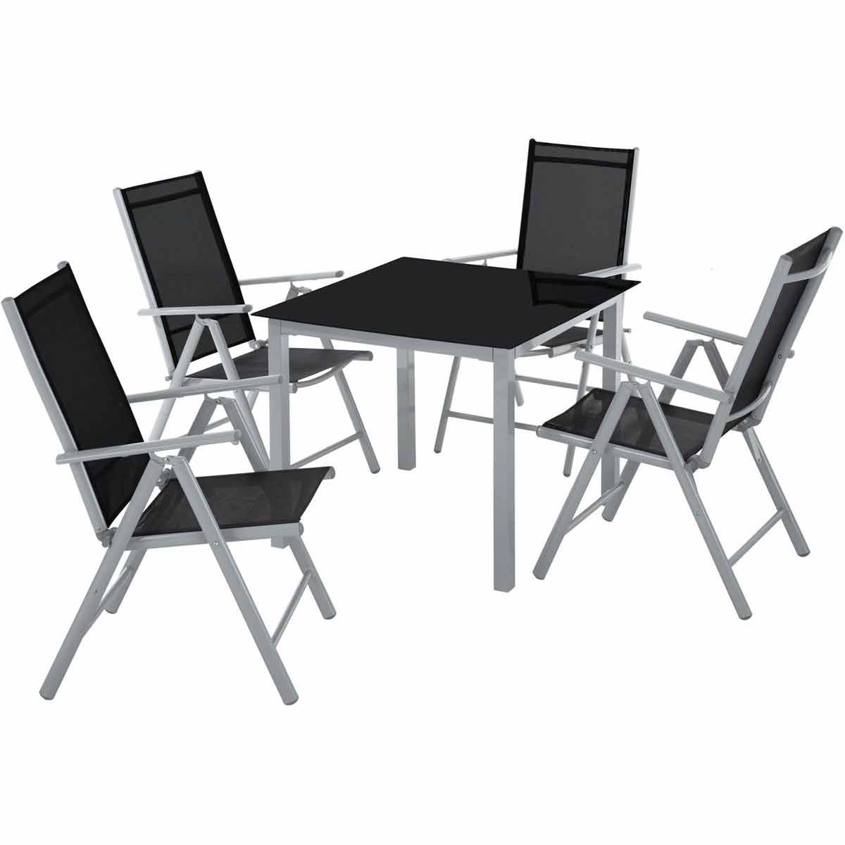 Silver garden table and chair set featuring a sleek black tabletop, four foldable chairs with black fabric seats, and a sturdy aluminum frame.
