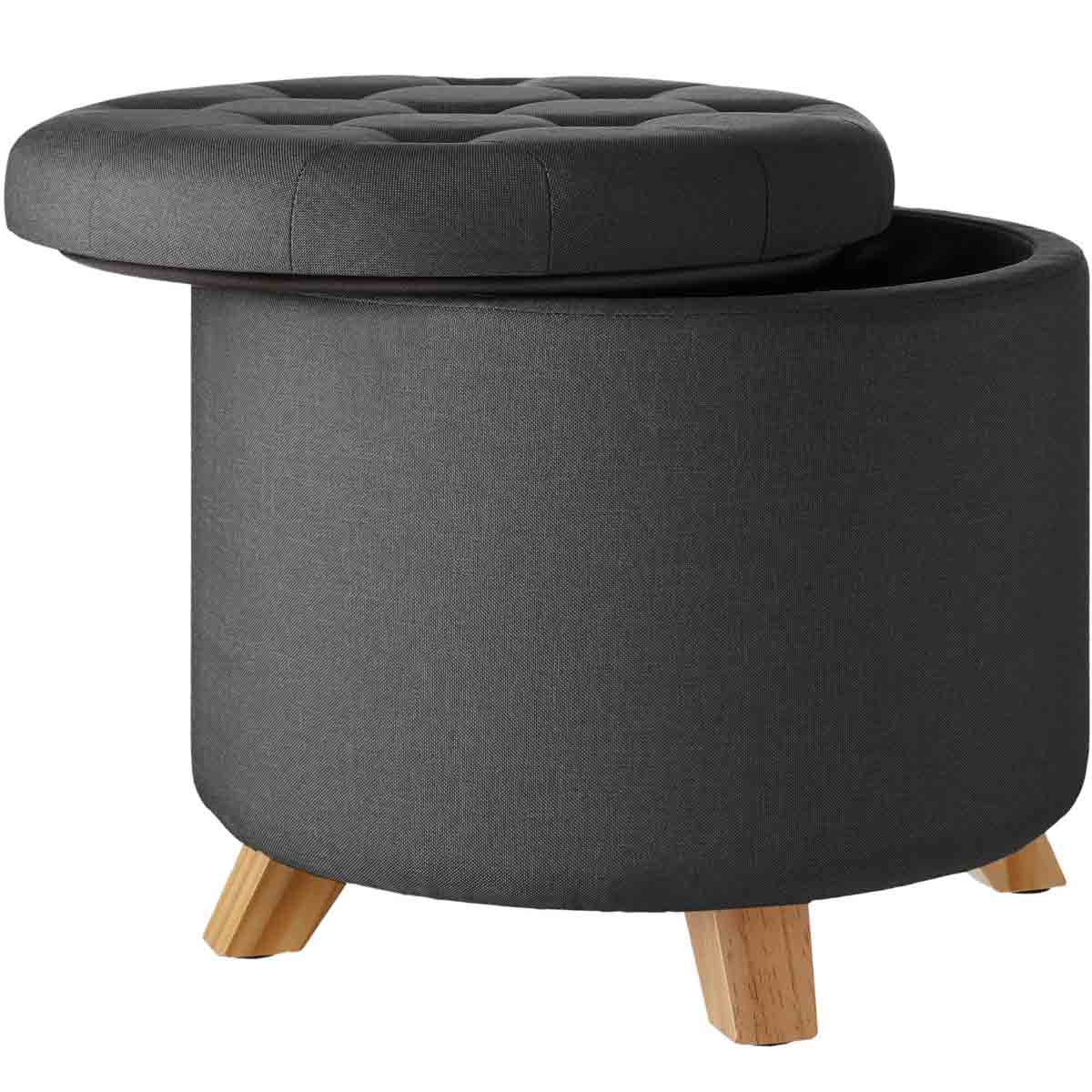 Dark grey upholstered stool with a tufted top, featuring a removable lid that reveals storage space, supported by light wooden legs.