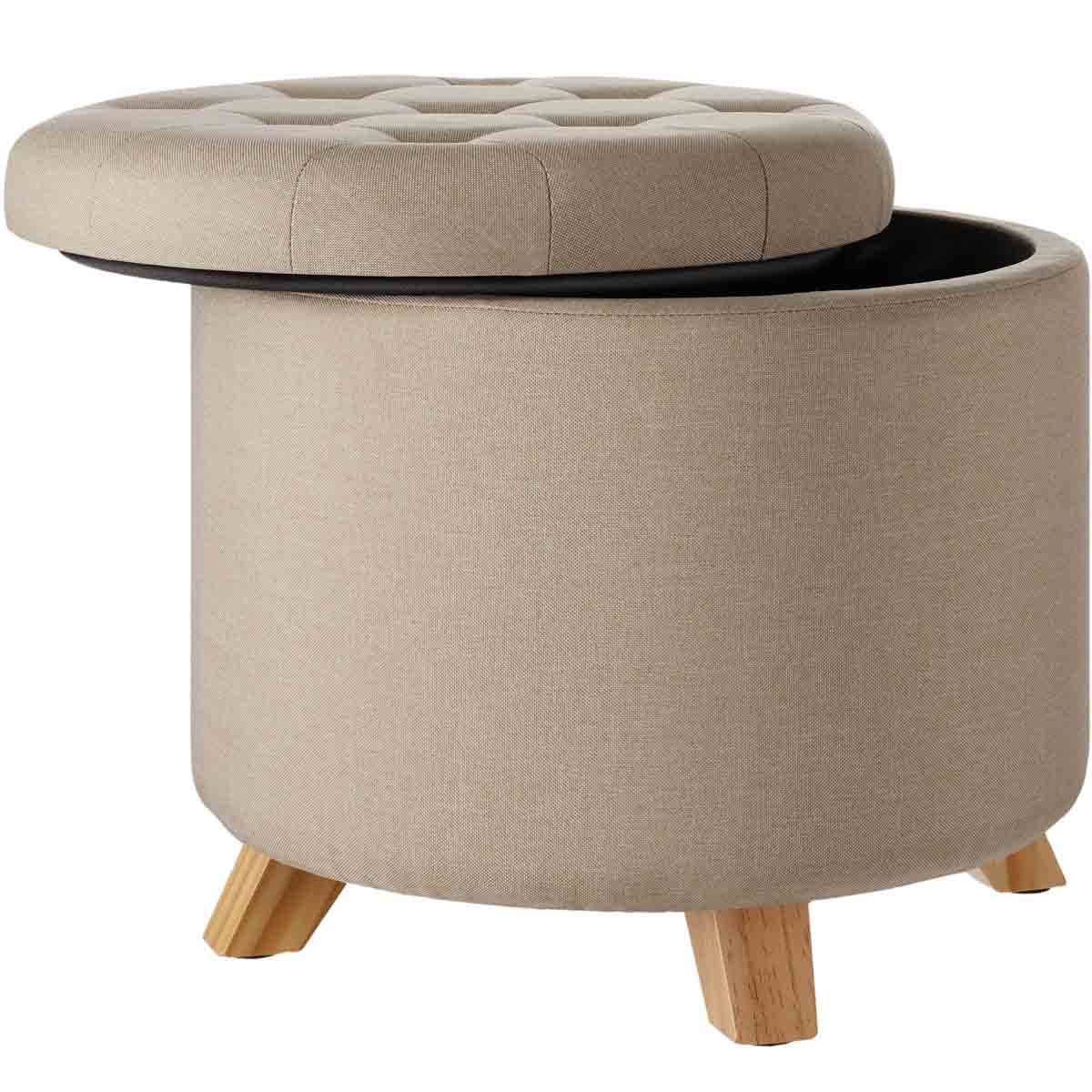 Round yellow upholstered stool with a tufted top, featuring a removable lid that reveals storage space inside, supported by four wooden legs.