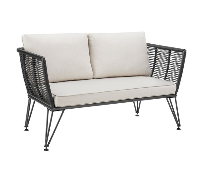 Grey polyrattan garden sofa with a sleek design, featuring an 8 cm thick seat cushion and removable cushion covers for easy cleaning.