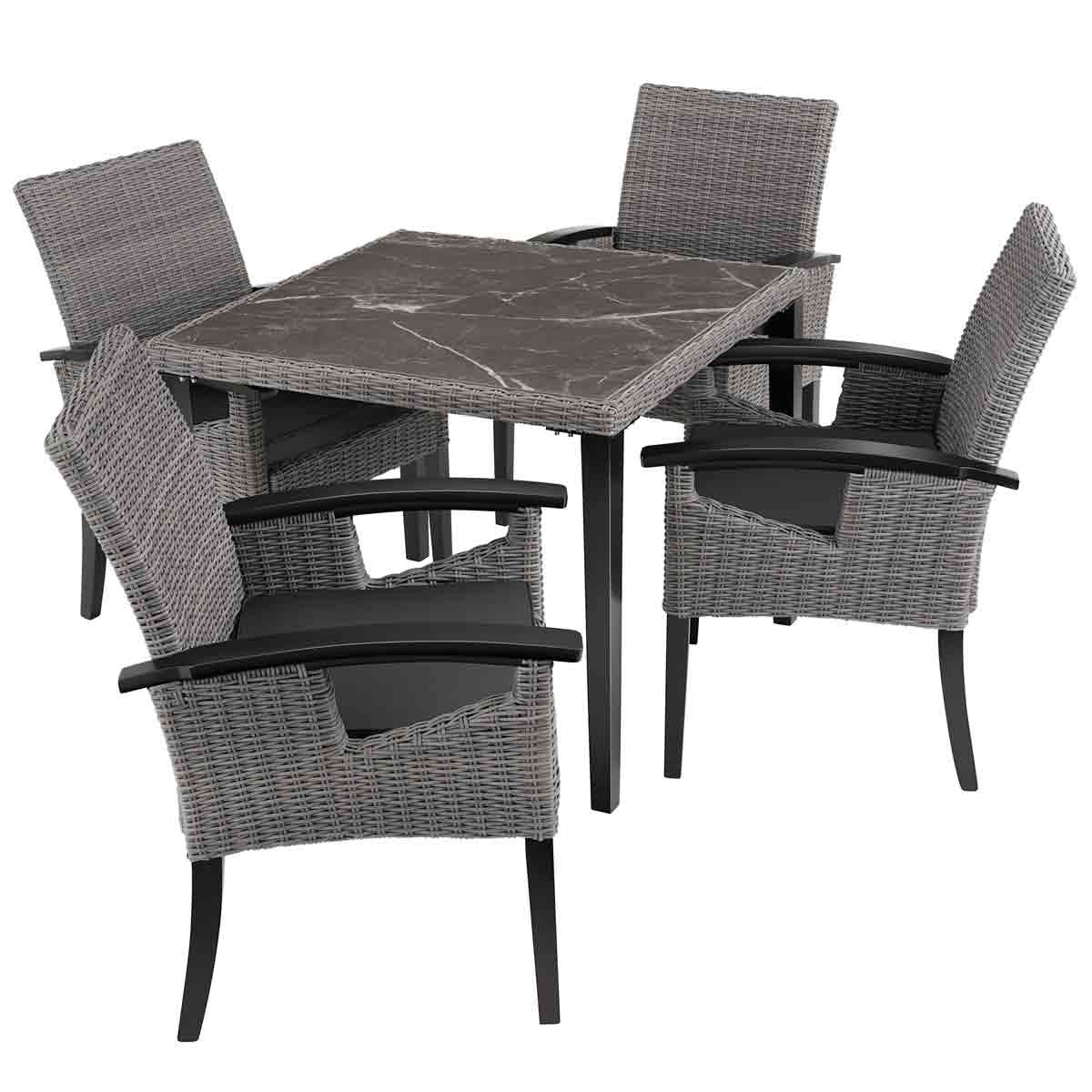 Grey wicker dining set featuring a square table with a marble-patterned top and four matching chairs with armrests, ideal for outdoor use.