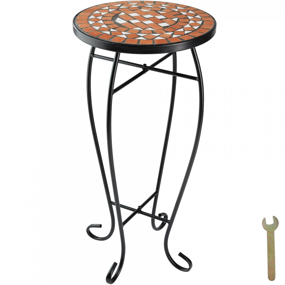 Round balcony table with a colorful mosaic pattern in orange and black, featuring a sturdy black metal frame and elegant curved legs, measuring 30x30x61.5cm.
