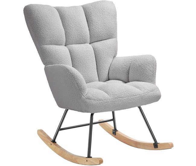 Grey boucle fabric rocking chair with plush padding, featuring a high back, tufted design, and wooden runners for a stylish and comfortable seating option.